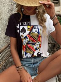 Color-Blocked Playing Card Print T-Shirt Graphic Tees Women Tops