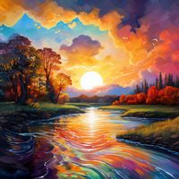 Digital art beautiful colorful sky at sunset and a river