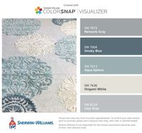 Used my living room rug, and I found these colors by Sherwin-Williams: Network Gray (SW 7073), Smoky Blue (SW 7604), Aqua-Sphere (SW 7613), Origami White (SW 7636), Lazy Gray (SW 6254).