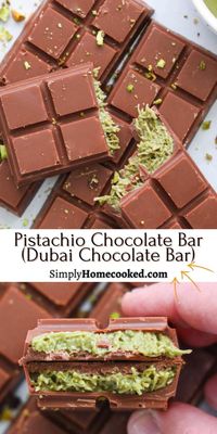 This Pistachio Chocolate Bar, aka Dubai Chocolate Bar, is sweet, rich, and full of nutty filling. The tahini and pistachio inside perfectly complement the milk chocolate in this easy recipe.