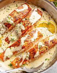 Pan Seared Salmon in Lemon Cream Sauce • MommiNation