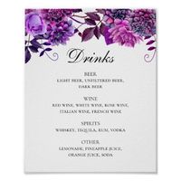 Watercolor purple floral wedding drinks bar menu poster