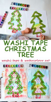 Washi Tape Christmas Tree – HAPPY TODDLER PLAYTIME -This is an easy Christmas art activity using washi tape and watercolors together to create a stunning piece of toddler or preschooler artwork!