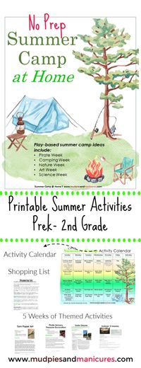 Need kids activities for summer?   Join usfor summer camp activities for kids at home!   This eBook includes 5 (no-prep) themed weeks of lesson plans including arts & crafts, science, nature, camping and pirate week in a printable eBook format for only $6.  No-prep & DIY ideas included.  #summercamp #summertimefun #kidscraftssummertimeeasy #summercampactivitiesforkids #summercamplessonplans #summercampthemes