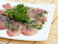 Add this recipe to ZipList! Hamachi Carpaccio Makes about 4 servings 4 ounces thinly sliced fresh hamachi juice of 1 large lemon 3 tablespoons extra virgin olive oil 3 garlic cloves, finely minced 2 tablespoons chopped fresh basil 1 tablespoon chopped fresh chives salt & freshly ground black pepper, to taste fresh cilantro, to garnish […]