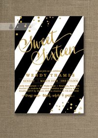 Gold & Black Sweet Sixteen Invitation with faux Gold Glitter confetti and black & white stripes by digibuddhaPaperie, $20.00