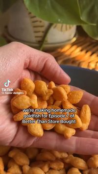 The video is vegetarian, but here is the vegan version: Vegan Goldfish Crackers 2 cups flour 1/4 cup nutritional yeast 1/4 cup vegan butter 1/4 cup water 1/2 tsp salt 1/4 tsp baking powder Roll out dough, cut shapes, brush with non-dairy milk, bake at 350°F for 15-20 min. Season with paprika, garlic powder, or herbs. Enjoy!