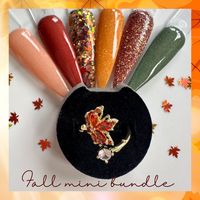 Fall mini bundle includes: Choose sample size or .25 oz of dip powder.  Message seller your picks for your trio of dips.  Nailfie ring- adjustable  Our Sizing Sample 1 tsp - 1-2 manis  Regular 5-7 manis  .25 oz (filled by weight) The number of manis will depend on how many layers of dip you like.  We like 2 layers of dip for solids and most glitters.  Some glitters look great with just one dip.  All of our swatches have been dipped twice.   We add a layer of our Krystal clear dip on top of all g