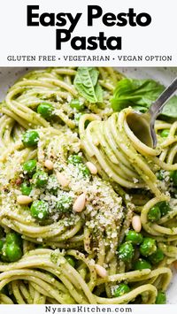 Easy pesto pasta is the perfect weeknight recipe! It's ready in less than 30 minutes and full of bold flavors. Option to make it dairy free / vegan, and customize it with whatever protein or veggies you like! Gluten free, vegetarian, vegan option.