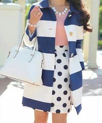 Navy coat. Blue and white stripes.