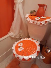 Toilet Bathroom Cover Orange, Lid Cover for Toilet Seat, Decor Cover for Bathroom,Handmade Toilet  Tank Cover, Crocheted Lid Cover, Crochet Tank Cover Crochet Toilet Tank and Lid Seat Covers, these handmade covers will fit most standard toilets because the yarn does stretch. ATTENTION: The first color is the main color, if selection does not say flower it won't have flowers This covers look so beatiful on the toilets and give a unique touch to your bathroom. You can buy the tank cover or the sea