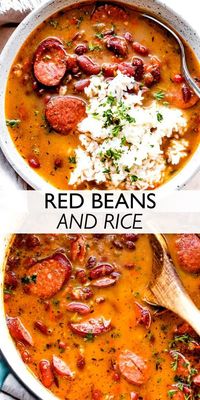 Louisiana Red Beans and Rice is a classic Southern comfort food dish prepared with tender red beans, spicy Andouille sausage, onions, celery, bell peppers, and served over hot rice