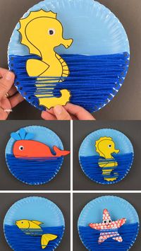 A yarn and paper plate ocean craft for kids to make this summer. An interactive sea craft for preschoolers and older kids with ocean animals: seahorse, star fish, fish and whale. Printable template available. #oceancraftkids #seacraftkids #oceananimals #oceancraft