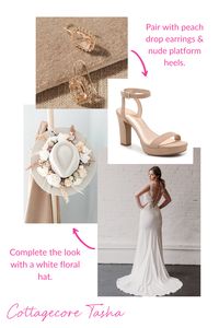 We are channeling all of the relaxed romantic vibes with our Tasha Gown! Complement the floral lace appliques of the gown by choosing a floral hat in lieu of a traditional veil with neutral accents. Continue the neutral palette throughout with peach drop earrings and nude platform heels to complete this perfect cottagecore / boho wedding day look! Check out our other styling boards or visit our website lookbooks for more wedding day styling inspiration!