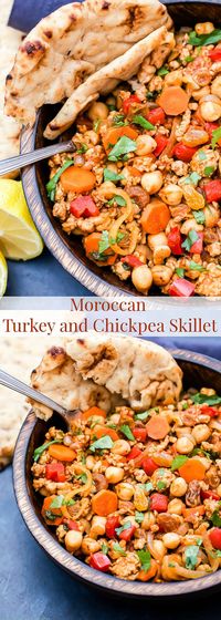 Every bite of this Moroccan Turkey and Chickpea Skillet is filled with savory and sweet flavors. Warm spices such as cinnamon and cumin tie everything together in this easy, gluten-free dinner!