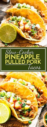 Slow cooker pineapple pulled pork recipe that can be served in tacos or on a bun for a burger.  This crock pot pulled pork recipe is perfect for those busy weeknight dinners and is gluten-free, dairy-free, and kid friendly! As a bonus, it is served with a delicious, homemade pineapple BBQ sauce!