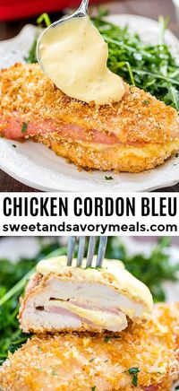 Chicken Cordon Bleu is crispy and delicious, filled with cheese and ham. This easy version of the famous French meal is ready in about one hour. #chicken #chickenfoodrecipes #chickencordonbleu #sweetandsavorymeals #dinnerrecipes