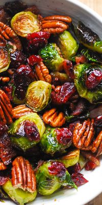 Roasted Brussels Sprouts with Bacon, Pecans, and Cranberries is an easy Christmas side dish that will add colors and vibrancy to your holiday menu!