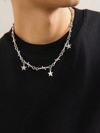 1pc Fashionable Punk Star Pendant Twist Chain Necklace For Men, Daily/Party Wear Silver Punk,Fashionable   Iron Alloy     Men Fashion Jewelry, size features are:Bust: ,Length: ,Sleeve Length: