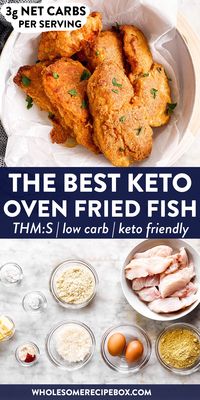 Low Carb Oven Fried Fish is a delicious way to serve up breaded fish – without all of the carbs! The breading is easy to make and turns into a golden crispy coating, perfect to dip into mayo! This recipe is Trim Healthy Mama (THM S), low carb and keto friendly. | #keto #ketodinner #ketorecipe #lowcarb #lowcarbdinner #lowcarbrecipe #fishrecipe #easydinner #healthyfood #healthydinner #healthyrecipe