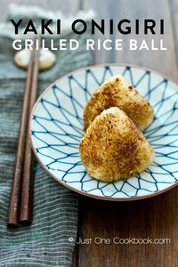 Yaki Onigiri (Grilled Rice Ball) - A favorite in Izakayas, yaki onigiri are grilled Japanese rice balls covered in savory soy sauce. With a crispy crust on the outside and soft sticky rice on the inside, these rice balls are simply irresistible. #riceballs #japanesefood #grilledrecipe #bbqrecipe #picnicrecipes #bentorecipes #onigiri #yakionigirirecipe | Easy Japanese Recipes at JustOneCookbook.com