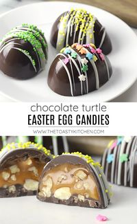 Homemade Chocolate Turtle Easter Eggs - by The Toasty Kitchen #homemade #chocolate #chocolateturtles #turtleeastereggs #eastereggs #easter #eastercandy #chocolateeastereggs #pecans #caramel #caramelfilledeggs #recipe #nobake