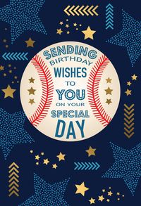 Baseball Stars Birthday Card Pictura Greeting Cards Outside Text: Sending Birthday Wishes to You on Your Special Day Inside Text: Hope your birthday is a home run! Refinements: Foil 61092