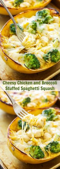 Cheesy Chicken and Broccoli Stuffed Spaghetti Squash | Spaghetti squash stuffed with a creamy, cheesy, chicken and broccoli filling and topped with more cheese! A great gluten free, low carb comfort food dinner!