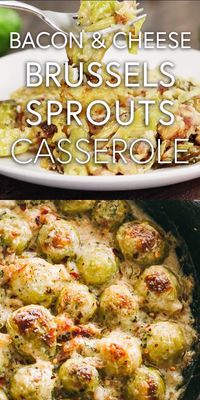 Creamy Cheesy Brussels Sprouts with Bacon – Roasted brussels sprouts with crispy bacon baked in a creamy cheese sauce. SO GOOD!! #brusselssprouts #bacon #cheese #ketorecipes