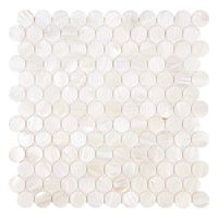 South Seas Super White Pearl Shell Penny Round Design Come capture the beauty of natural shells, and transport yourself to seaside tranquility. Pearl shell will add a durability and lasting exquisiteness to your kitchen, bath or fireplace installation. Mother of Pearl South Seas Super White Penny Round Circle 11 in. x 11 in. 2 mm Thick Pearl Shell Mosaic Tiles are mesh mounted and will bring a sleek and contemporary clean design to any room. Due to the nature of the pearl shell, slight variation