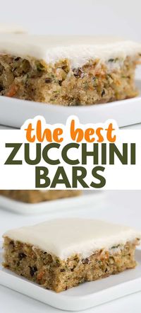 The Best Zucchini Bars - These are the best zucchini bars! They taste like a moist spice cake with a cream cheese frosting. You’ll find cinnamon, shredded zucchini and carrots, and walnuts in these bars. This is one of the best zucchini recipes out there! #zucchini #bars #spicecake #cookiedoughandovenmitt #dessertfoodrecipes #dessertrecipes #creamcheesefrosting #frosting