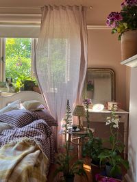 Flowers and floaty curtains Aesthetic bedroom decor, relaxed maximalist interior, slow style, antique stye, bohemian bedroom, eclectic bedroom, pink bedroom