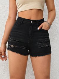 Ripped Raw Hem Denim Shorts Black Casual   Denim Plain Straight Leg High Stretch  Women Clothing, size features are:Bust: ,Length: ,Sleeve Length: