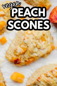 Sweet, tender, and moist vegan Peach Scones with vanilla glaze are a fruit lover’s dream! They are the perfect scone to make when peaches are in season.