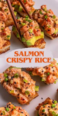 Crispy rice salmon is my viral favorite go-to appetizer dish for a balance between crispy and creamy. Pan-fried crispy sushi rice cakes topped with smashed avocado and spicy salmon, are so easy and delicious! Top the crispy rice off with a thin slice of jalapeño, a little dash of sriracha, and sesame seeds for spicy kicks!