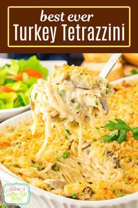 Ditch the canned soups and make a homemade cheese sauce for this Turkey Tetrazzini #turkeyrecipes #turkeytetrazzini #pasta #pastarecipes #homemadeturkey #leftoverturkeyrecipes