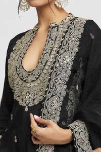 Black kurta with marodi, sequin embroidery in floral pattern. Paired with sharara and dupatta. - Aza Fashions