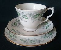 ROYAL KENT TEA TRIO BONE CHINA TEACUP SAUCER & SIDE PLATE GREY & GREEN FLOWERS  | eBay