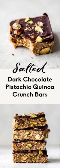 Delicious salted dark chocolate pistachio quinoa crunch bars filled with nutritious ingredients like quinoa, flaxseed meal, pistachios and cashews. These sweet & salty, protein-packed quinoa crunch bars are naturally sweetened with honey and a little chocolate for a wonderful no bake snack or healthy treat! #quinoa #pistachios #oats #healthysnack #nobake #snack #kidfriendly #flaxseedmeal #cashews #nuts #chocolate #healthydessert #glutenfree