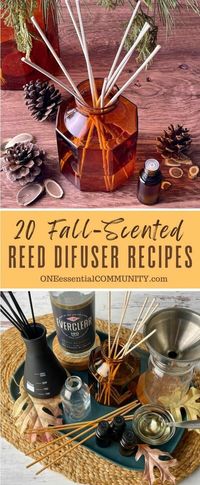 How to make your own reed diffuser with essential oils + customize base reed diffuser recipe with any of 20 different fall scents.  I've included recipes for all my fall favorites like pumpkin spice, apple orchard, vanilla bean candle, candy corn, gingersnap cookie, and more! {doTERRA, Young Living, Plant Theray, essential oil DIY, homemade reed diffuser, essential oil recipe}