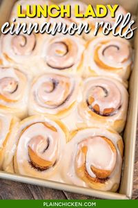 Lunch Lady Homemade Cinnamon Rolls - the best cinnamon rolls I've ever eaten! Super simple to make and tastes great. Yeast, flour, instant dry milk, sugar, salt, oil, and water. Top with a quick powdered sugar, milk, and vanilla glaze. A must for Thanksgiving and Christmas morning! This recipe also makes a great homemade gift!