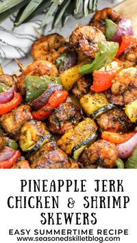 Pineapple Jerk Chicken and Shrimp Skewers, this Caribbean inspired, easy and dang delicious summertime or anytime recipe is made in the air-fryer and full of bold delicious flavour! It's comprised of marinated jerk chicken and shrimp on skewers, with your favourite seasonal veggies and pineapple stacked in-between!