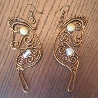 Copper Wire Wrapped Butterfly Wing Earrings With Light Green Stone Beads And Clear Beads. Only Tried On, Never Worn. Great Condition. No Trading