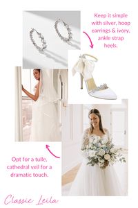 This bridal look is all about classic elegance! Add some subtle sparkle with silver hoops, and simple ankle-strap heels. For a bit of classic drama, choose a cathedral-length veil to complete your wedding day look!