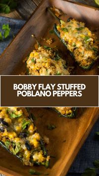 Bobby Flay  Stuffed Poblano Peppers recipe is made with fresh poblano peppers, olive oil, onion, garlic, lean  ground beef, chili powder, cumin, salt, black pepper, Cheddar cheese, Monterey Jack cheese, and enchilada sauce the total time needed is 100 minutes and it serves 4 people.Cheddar cheese