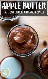 Apple-date butter — made with dates as opposed to sugar, this apple butter is less sweet than most and is subtly spiced with cinnamon and nutmeg. Delicious spread over a slice of toast. This apple butter makes a great gift. #apples #butter #dates #applebutter #foodgifts