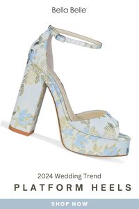 Elevate your wedding day look with these stunning blue platform heels, intricately adorned with floral jacquard details. A blend of elegance and vintage charm, they're the perfect statement piece for a bride who wants to stand tall and shine.