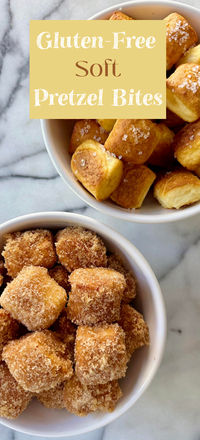 Golden, soft & chewy, and irresistibly delicious whether you choose to serve them salted or with cinnamon sugar! Not only do these Gluten-Free Soft Pretzel Bites have a perfect texture and flavor, but they are incredibly quick + easy to make! Perfect for Game Day, snacking and sharing!