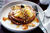 Teff pancakes with sweet dukkah and apple and pear compote