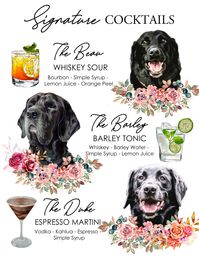 THIS CUSTOM PET DRINK SIGN CAN INCLUDE UP TO 2 PETS  This digital print listing is for a custom signature cocktail drink sign featuring your beloved four legged pets.  The signs will be a hit amongst your guests. And can be saved as a keepsake memory for years down the road. Our Signature Cocktail Drinks Sign, Wedding Signature Drink Dog, Wedding Signature Drink Cat, Wedding Signature Cocktails. Wedding Signature Drinks Pet HOW TO PLACE ORDER: 1. In the personalization field, please provide: + P